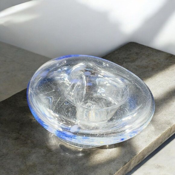 Vintage Hand Blown Art Glass Dish Bowl Clear With Blue Spots Hand Made Glass VTG - Picture 4 of 16